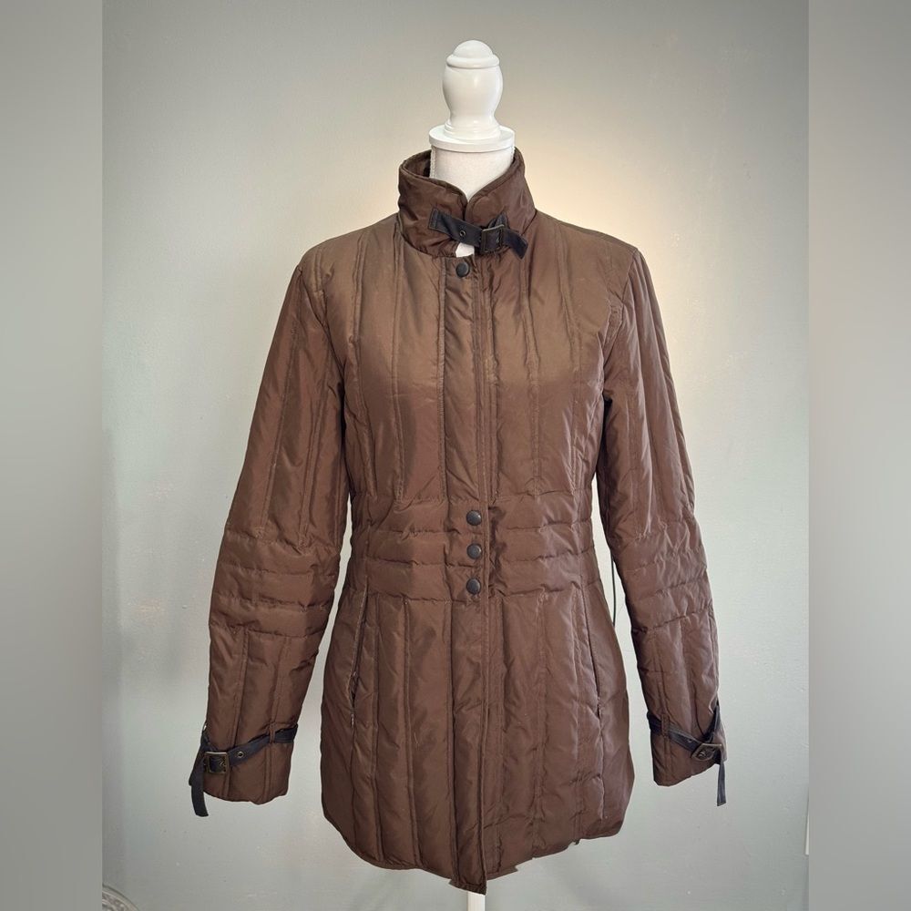 Brown Larry Levine Hip Length Down Winter Coat Size S EUC